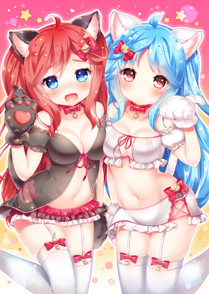 Anime picture 900x1261 with original natsume asato long hair tall image looking at viewer blush open mouth blue eyes light erotic red eyes multiple girls animal ears blue hair red hair cat ears groin girl thighhighs navel 2 girls
