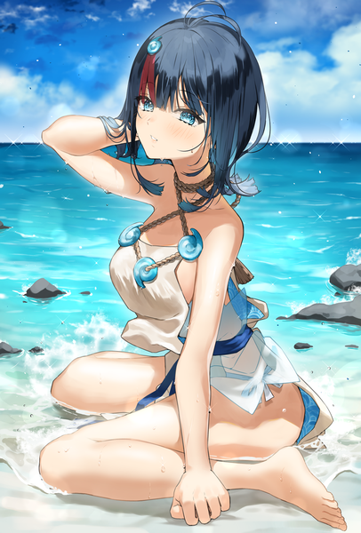 Anime picture 1000x1476 with fate (series) fate/requiem utsumi erise ran s200 single long hair tall image looking at viewer blush fringe breasts blue eyes light erotic black hair hair between eyes sitting bare shoulders sky cloud (clouds) full body