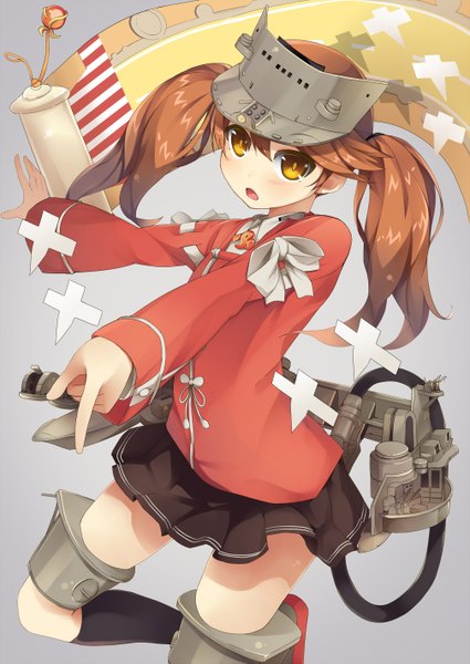 Anime picture 1007x1422 with kantai collection ryuujou light aircraft carrier kureha (angelite) single long hair tall image looking at viewer blush open mouth simple background brown hair twintails yellow eyes grey background spread arms pointing girl skirt socks headdress