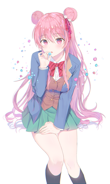 Anime picture 2518x4221 with happy sugar life matsuzaka satou ppyono single long hair tall image blush fringe highres simple background hair between eyes white background sitting pink hair pleated skirt pink eyes from above hair bun (hair buns) girl skirt