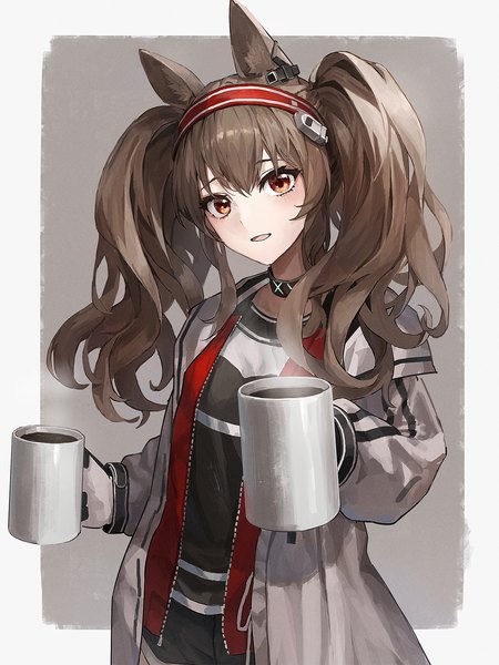 Anime picture 1500x2000 with arknights angelina (arknights) nekoreito single long hair tall image fringe simple background hair between eyes brown hair twintails holding brown eyes animal ears upper body grey background border outside border girl mug