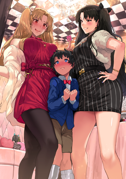 Anime picture 4134x5846 with fate (series) fate/grand order ishtar (fate) ereshkigal (fate) fujimaru ritsuka (male) hews long hair tall image blush fringe highres short hair breasts blue eyes light erotic black hair blonde hair smile red eyes large breasts