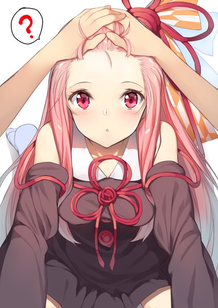 Anime picture 848x1200 with voiceroid kotonoha akane yappen single long hair tall image looking at viewer blush open mouth simple background white background pink hair upper body pink eyes from above :o gradient hair pov hand on another's head ?