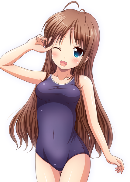 Anime picture 927x1300 with original kk-sk-ray single long hair tall image blush blue eyes light erotic simple background brown hair white background one eye closed wink girl swimsuit one-piece swimsuit school swimsuit