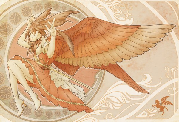 Anime picture 1260x860 with original pixiv fantasia pixiv fantasia v sky0211 (artist) single long hair brown hair profile girl skirt hair ornament weapon sword wings pegasus