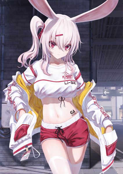 Anime picture 2894x4093 with tsumi no hahen (debris) lise (bae.c) bae.c single long hair tall image looking at viewer fringe highres hair between eyes red eyes animal ears payot outdoors white hair head tilt off shoulder open jacket bare belly tattoo