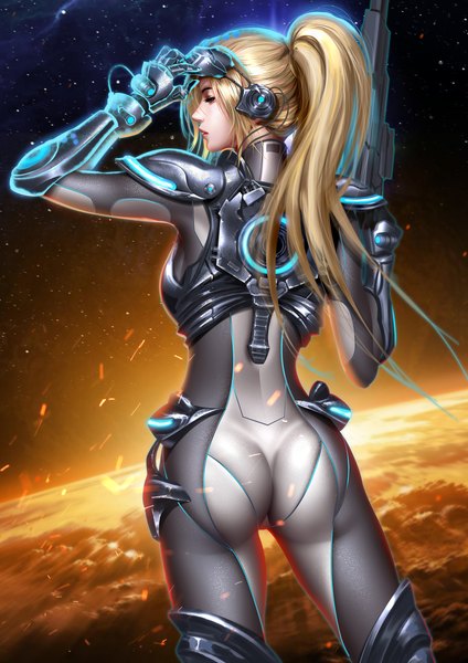 Anime-Bild 3000x4243 mit starcraft blizzard entertainment nova (starcraft) liang xing single long hair tall image fringe highres light erotic blonde hair standing payot ass ponytail eyes closed arm up lips from behind realistic