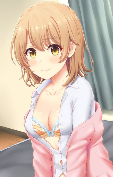 Anime picture 1168x1821 with yahari ore no seishun love comedy wa machigatteiru. brains base (studio) isshiki iroha inanaki shiki single tall image looking at viewer blush fringe short hair breasts light erotic blonde hair hair between eyes yellow eyes payot cleavage upper body indoors light smile