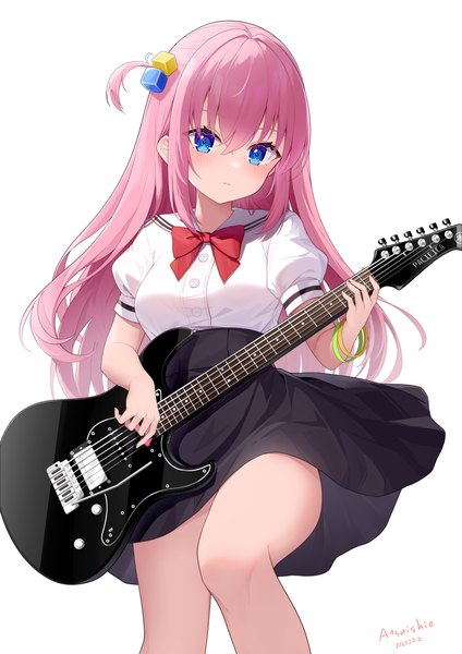 Anime picture 4960x7016 with bocchi the rock! cloverworks gotou hitori atsuishio single long hair tall image fringe highres blue eyes simple background hair between eyes white background signed pink hair absurdres one side up playing instrument girl skirt