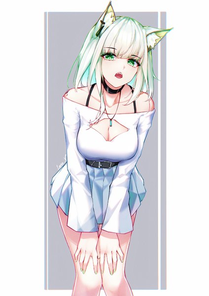 Anime picture 2308x3264 with arknights kal'tsit (arknights) leria v single long hair tall image looking at viewer blush fringe highres breasts open mouth standing green eyes signed animal ears blunt bangs long sleeves head tilt pleated skirt
