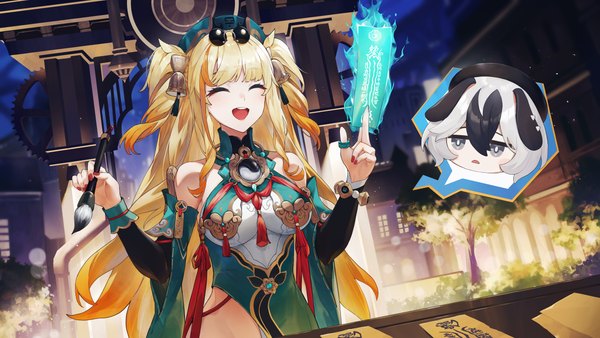 Anime picture 6400x3600 with honkai impact 3rd honkai (series) songque (honkai impact) coralie (honkai impact) swkl:d single long hair fringe highres open mouth blonde hair wide image standing bare shoulders multiple girls absurdres blunt bangs eyes closed nail polish two side up