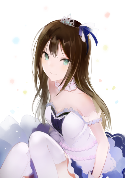 Anime picture 600x851 with idolmaster idolmaster cinderella girls idolmaster cinderella girls starlight stage shibuya rin lpip single long hair tall image looking at viewer blush fringe blue eyes smile brown hair sitting bare shoulders payot bent knee (knees) zettai ryouiki starry sky bright