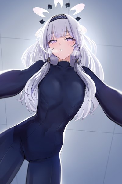 Anime picture 2872x4307 with blue archive himari (blue archive) onuj2$ single long hair tall image looking at viewer highres light erotic purple eyes silver hair mole from below mole under eye exhalation girl headband halo bodysuit hair tubes