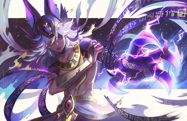 Anime picture 1700x1100 with genshin impact cyno (genshin impact) jwijaya art single long hair fringe hair between eyes purple eyes looking away silver hair upper body traditional clothes dark skin outside border electricity egyptian clothes boy headdress necklace bridal gauntlets