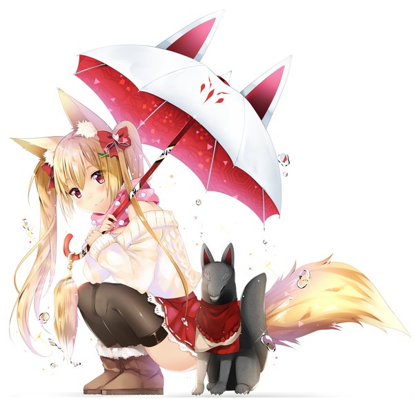 Anime picture 1500x1445 with original usagihime single long hair blush blonde hair red eyes white background twintails animal ears tail animal tail girl thighhighs skirt bow black thighhighs hair bow boots