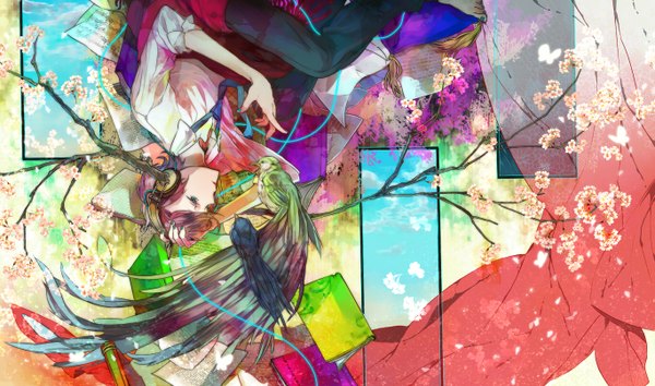 Anime picture 1366x808 with original ff14kate short hair brown hair wide image green eyes lying nail polish cherry blossoms boy animal necktie headphones bird (birds) wire (wires)