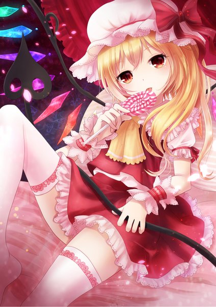 Anime picture 1240x1754 with touhou flandre scarlet nunucco single tall image short hair blonde hair red eyes girl thighhighs dress skirt bow weapon white thighhighs wings bonnet skirt set crystal lollipop