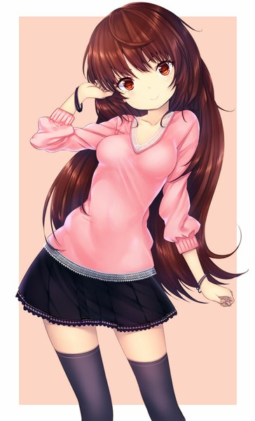 Anime picture 698x1150 with original zizi (zz22) long hair tall image looking at viewer smile red eyes brown hair zettai ryouiki girl thighhighs skirt black thighhighs bracelet sweater