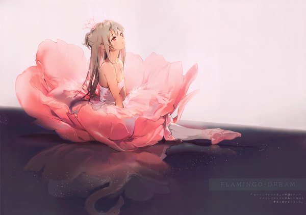 Anime picture 4888x3438 with original anmi single long hair fringe highres open mouth simple background sitting bare shoulders payot absurdres full body ahoge pink eyes grey hair scan text hieroglyph looking down