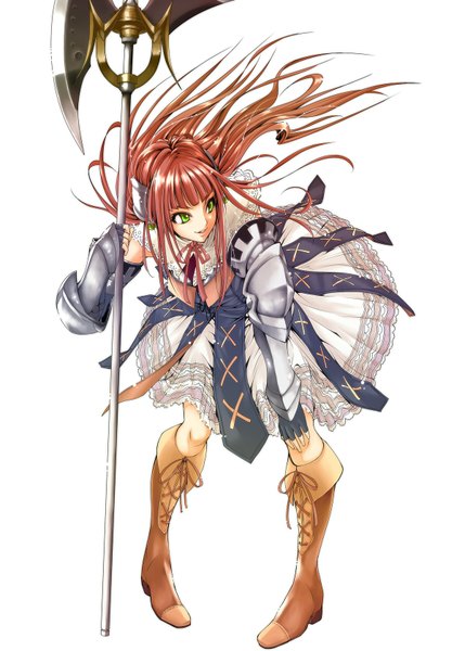 Anime picture 1200x1679 with original kininaljaguar single long hair tall image simple background white background green eyes looking away red hair girl dress weapon boots armor