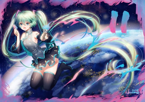 Anime picture 1500x1062 with vocaloid hatsune miku haneru single looking at viewer blush fringe open mouth smile hair between eyes twintails bare shoulders holding signed cloud (clouds) very long hair :d pleated skirt aqua eyes aqua hair