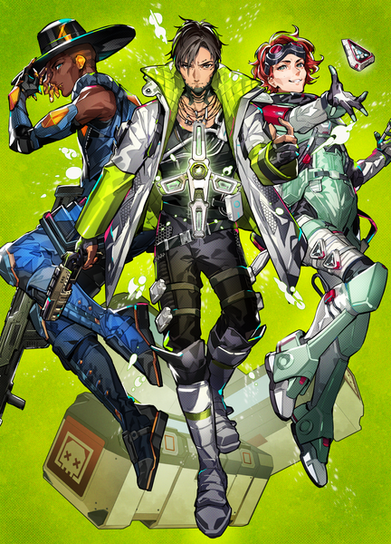 Anime picture 1583x2200 with apex legends crypto (apex legends) horizon (apex legends) seer (apex legends) mika pikazo tall image looking at viewer short hair blue eyes black hair simple background full body red hair black eyes open jacket multiple boys outstretched arm dark skin goggles on head green background