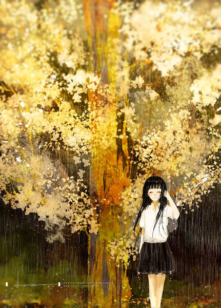 Anime picture 1006x1399 with original say hana single long hair tall image fringe black hair smile signed blunt bangs eyes closed adjusting hair rain ^ ^ girl uniform plant (plants) school uniform tree (trees)