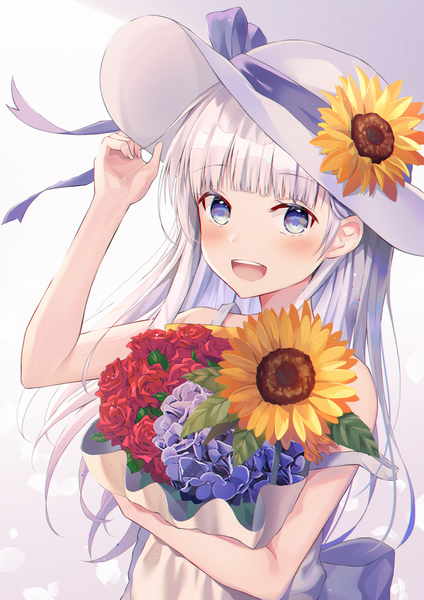 Anime picture 2276x3224 with original hyonee single long hair tall image looking at viewer blush fringe highres open mouth blue eyes simple background smile bare shoulders holding silver hair upper body blunt bangs :d arm up