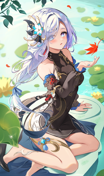 Anime picture 2242x3803 with genshin impact shenhe (genshin impact) shenhe (frostflower dew) (genshin impact) kokonex single long hair tall image looking at viewer blush fringe highres breasts open mouth blue eyes light erotic large breasts sitting bare shoulders silver hair braid (braids)