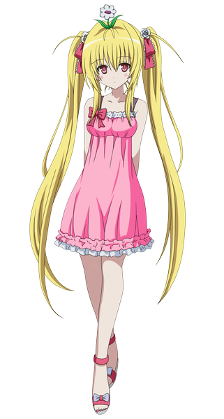 Anime picture 1704x3184 with toloveru toloveru darkness xebec konjiki no yami single long hair tall image looking at viewer highres blonde hair twintails bare shoulders brown eyes nail polish barefoot hair flower crossed legs hands behind back transparent background vector