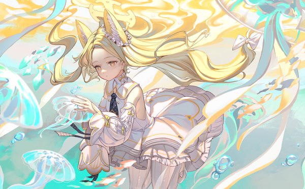 Anime picture 3061x1903 with blue archive seia (blue archive) al guang single long hair highres blonde hair wide image animal ears yellow eyes looking away underwater girl dress detached sleeves white dress halo jellyfish