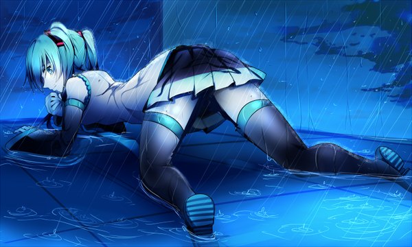 Anime picture 1573x945 with vocaloid hatsune miku aaru single long hair wide image twintails profile aqua eyes aqua hair rain girl thighhighs skirt black thighhighs detached sleeves water necktie