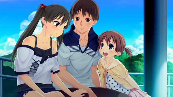Anime picture 1024x576 with suigetsu 2 long hair short hair open mouth blue eyes black hair brown hair wide image twintails multiple girls game cg black eyes girl boy 2 girls child (children)