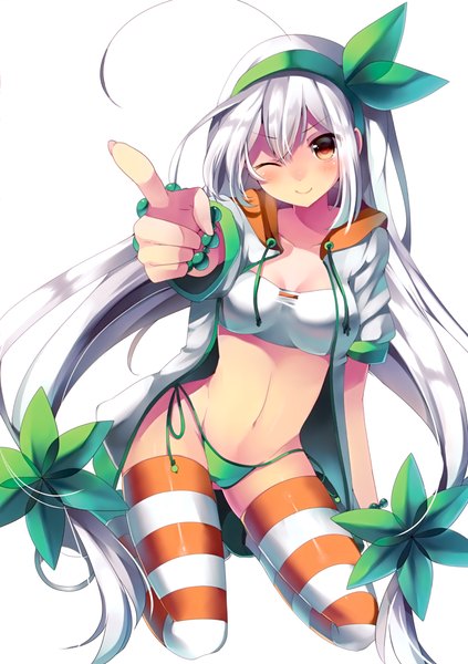 Anime picture 2116x3000 with original mishima kurone long hair tall image blush highres light erotic simple background smile red eyes white background white hair one eye closed wink scan pointing girl thighhighs underwear panties