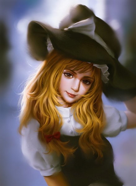 Anime picture 1023x1400 with touhou kirisame marisa bita (vaderc) single long hair tall image looking at viewer blonde hair smile brown eyes lips realistic witch girl dress hat witch hat