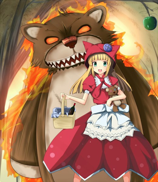 Anime picture 1000x1150 with league of legends annie (league of legends) tibbers (league of legends) 8nagi single long hair tall image blush open mouth blonde hair smile green eyes orange eyes girl dress animal toy stuffed animal teddy bear flame