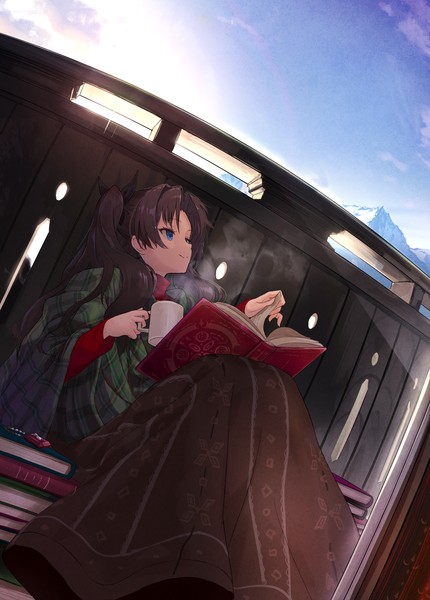 Anime picture 3031x4230 with fate (series) fate/stay night toosaka rin miruto netsuki single long hair tall image highres blue eyes smile brown hair sitting looking away absurdres sky cloud (clouds) outdoors long sleeves two side up dutch angle