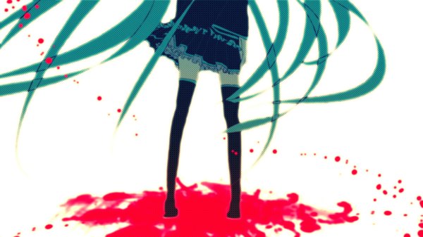 Anime picture 1200x675 with vocaloid hatsune miku meola long hair simple background wide image white background aqua hair girl thighhighs skirt black thighhighs blood