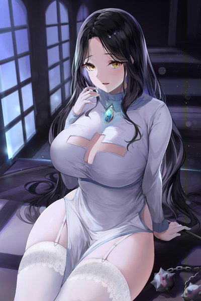 Anime picture 4000x6000 with original lillly single long hair tall image looking at viewer blush fringe highres breasts open mouth light erotic black hair large breasts sitting yellow eyes absurdres indoors long sleeves multicolored hair