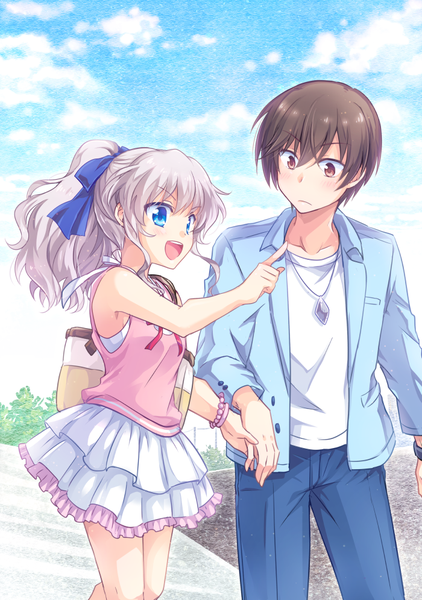 Anime picture 700x995 with charlotte p.a. works tomori nao otosaka yuu kousetsu long hair tall image blush short hair open mouth blue eyes smile brown hair bare shoulders brown eyes sky silver hair ponytail sleeveless holding hands