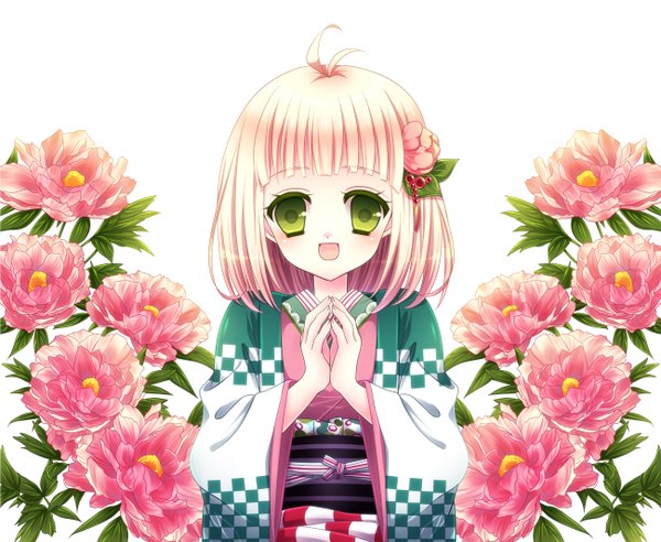 Anime picture 1300x1066 with ao no exorcist a-1 pictures moriyama shiemi momomiya mion short hair open mouth blonde hair green eyes ahoge japanese clothes hair flower loli girl hair ornament flower (flowers)