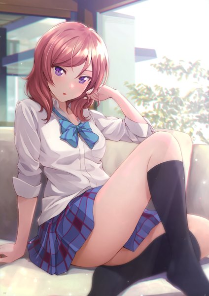 Anime picture 2492x3526 with love live! school idol project sunrise (studio) love live! nishikino maki shamakho single tall image looking at viewer blush fringe highres short hair open mouth light erotic sitting purple eyes bent knee (knees) red hair indoors head tilt