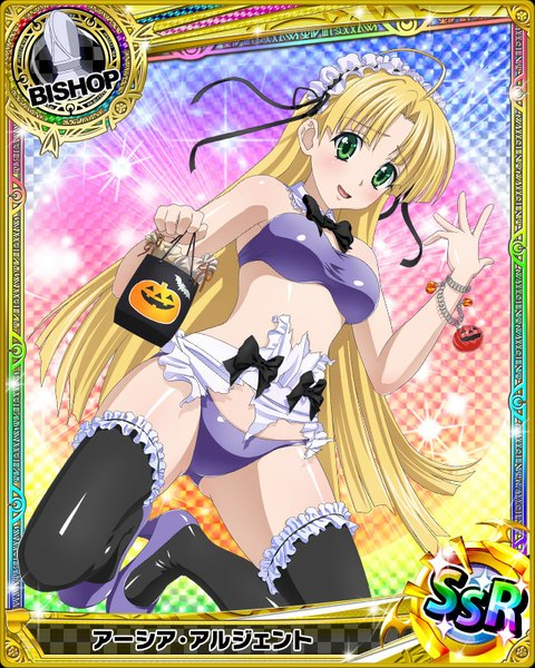 Anime picture 640x800 with highschool dxd asia argento single long hair tall image looking at viewer blush open mouth light erotic blonde hair green eyes torn clothes halloween card (medium) girl thighhighs underwear panties black thighhighs frills