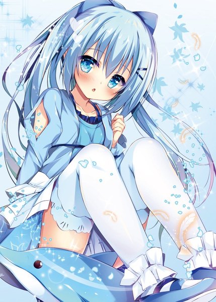 Anime picture 648x906 with original huei nazuki single long hair tall image looking at viewer blush fringe breasts open mouth simple background hair between eyes sitting full body ponytail aqua eyes aqua hair :o sparkle blue background