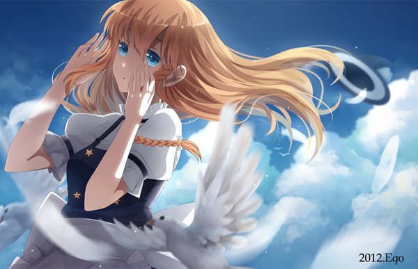 Anime picture 1500x968 with touhou kirisame marisa sougishi ego single long hair blue eyes blonde hair sky cloud (clouds) braid (braids) girl dress hat animal bird (birds)