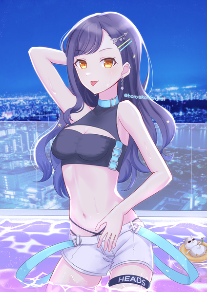 Anime picture 2480x3508 with project sekai shiraishi an nekota nyaf single long hair tall image looking at viewer fringe highres breasts light erotic black hair signed yellow eyes arm up night midriff night sky twitter username partially submerged