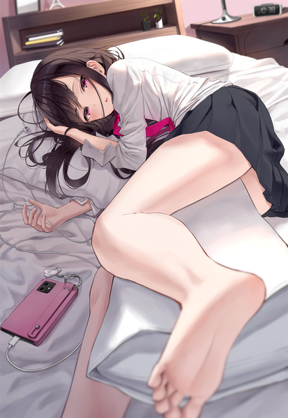 Anime picture 900x1309 with original superpig (wlstjqdla) single long hair tall image looking at viewer blush fringe open mouth light erotic black hair indoors lying pink eyes barefoot blurry bare legs on side soles between legs