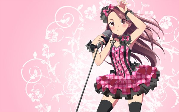 Anime picture 1270x800 with idolmaster idolmaster (classic) minase iori single long hair blush simple background brown hair brown eyes girl thighhighs dress hair ornament bow hair bow wrist cuffs microphone microphone stand