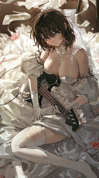 Anime picture 2000x3577 with original kellymonica02 single tall image looking at viewer fringe highres short hair breasts blue eyes light erotic hair between eyes brown hair large breasts sitting from above mole high heels mole under eye piercing