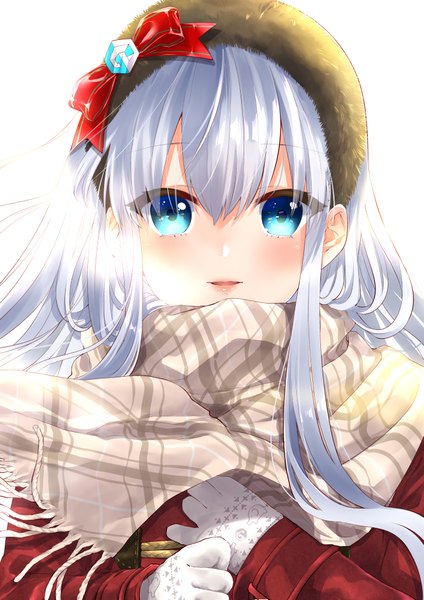 Anime picture 2894x4093 with original skskjogio2444 single long hair tall image looking at viewer blush fringe highres open mouth blue eyes simple background hair between eyes white background silver hair upper body girl gloves white gloves scarf